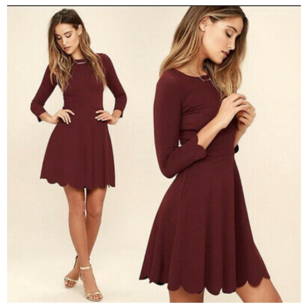 Lulu’s Cumulonimbus Clouds Burgundy Red Scallop Dress Sz M